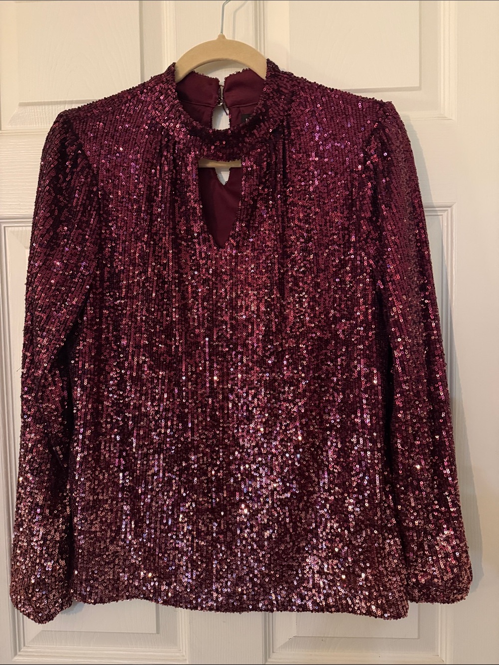 The Limited Wine Sequin Keyhole Blouse